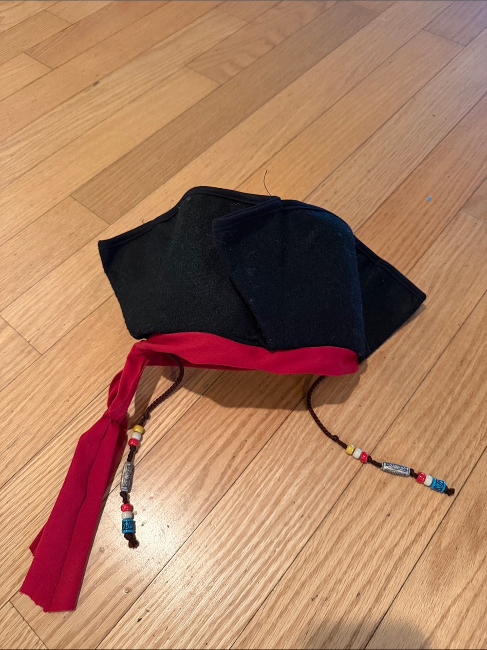 Kids Black Pirate Tricorn Hat with Red Band and Bead Ties